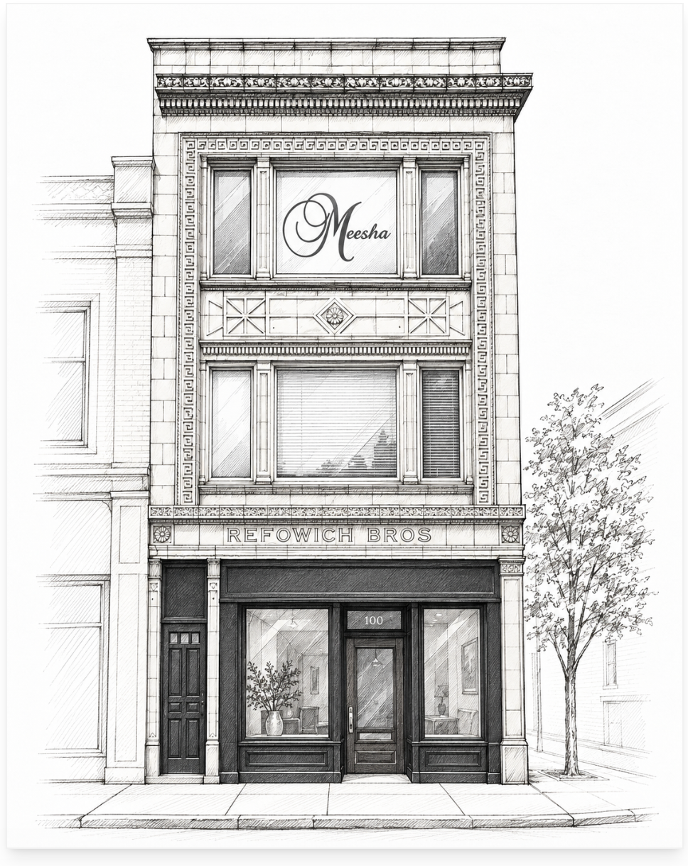 Line drawing of the Pottsville Meesha location building